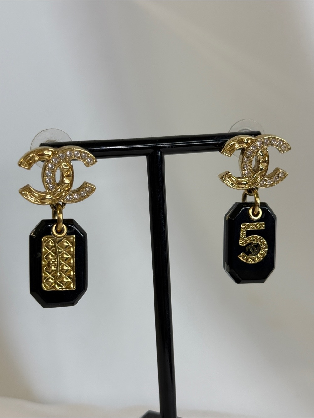 CHANEL Gold CC Logo Drop Earrings with Black Enamel Number 5 and Plaque